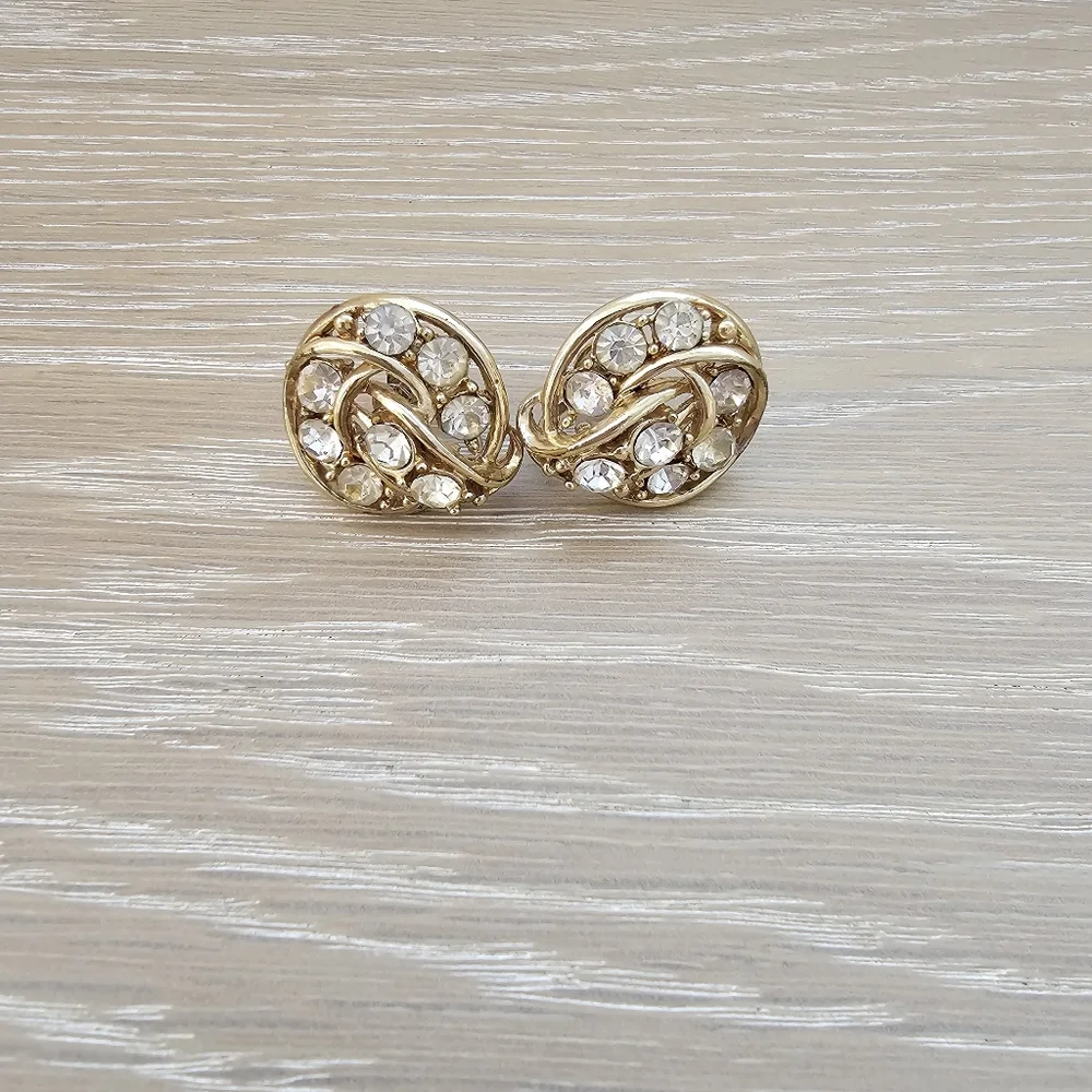 Vintage Coro Gold-Tone Rhinestone Swirl Clip-On Earrings